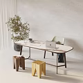 Modern Wooden Desk With Potted Olive Plant And Small Storage Stools