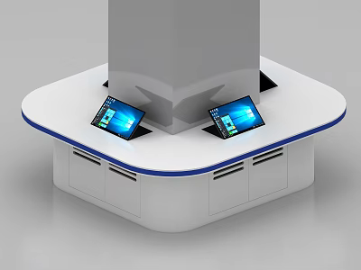 Service Hall White Hexagonal Self Service Desk With Tablets And Drawers 3d model