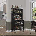 Black Wheeled Kitchen Cart with Storage Shelves Holding Utensils Cups Fruits and Coffee Maker