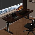 Wooden Computer Desk With Laptop Monitor Keyboard Speaker And Office Chair