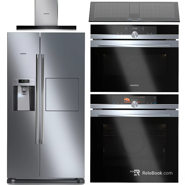 Modern Stainless Steel Kitchen Appliances With Refrigerator Water Dispenser And Built In Ovens 3d model 