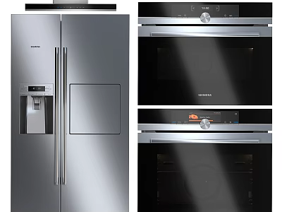 Modern Stainless Steel Kitchen Appliances With Refrigerator Water Dispenser And Built In Ovens 3d model
