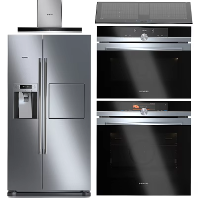 Modern Stainless Steel Kitchen Appliances With Refrigerator Water Dispenser And Built In Ovens 3d model