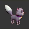 Cute Purple And White Cartoon Cat 3D Model With Purple Collar Bell On Dark Reflective Background