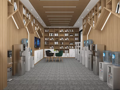 Modern Office Lounge With Wooden Bookshelves Water Dispensers Tables And Green Chairs 3d model