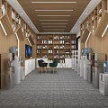 Modern Office Lounge With Wooden Bookshelves Water Dispensers Tables And Green Chairs