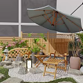 Serene Courtyard Garden With Stone Pathway Green Plants And Water Feature