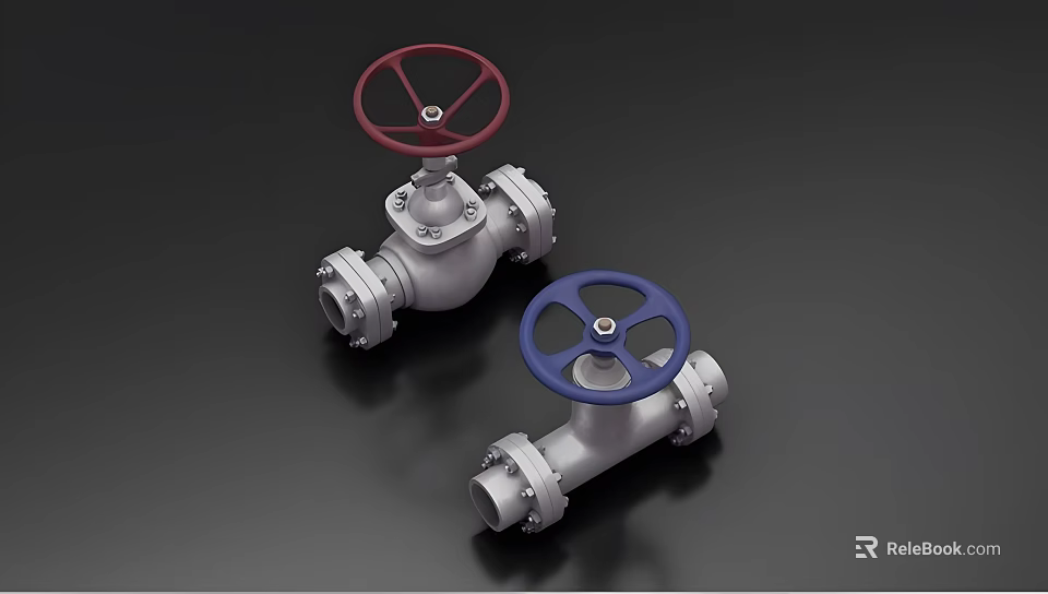 Industrial Pipeline Valves With Red And Blue Handwheels Stainless Steel Construction 3d model 