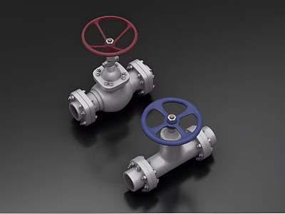 Industrial Pipeline Valves With Red And Blue Handwheels Stainless Steel Construction 3d model
