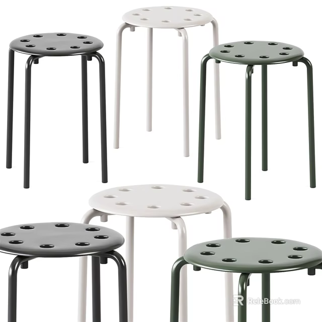 Modern Round Stools With Perforated Seats And Metal Legs In Gray White Green Colors 3d model 
