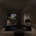 Chinese Style Tea Room Interior With Wooden Table Shelves And Pendant Lights