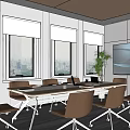 Modern Conference Room With Large Windows City View Long Table Brown Chairs And Green Plant