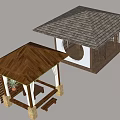 Two Different Style Garden Pavilions With Brown Gray Roofs And Wooden Structures
