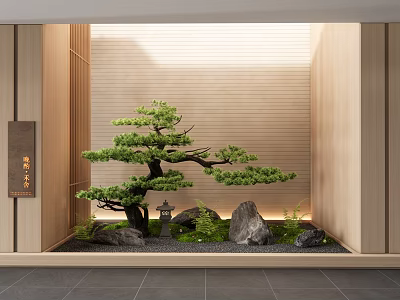 Japanese Style Indoor Landscape With Shaped Pine Tree Rocks Moss And Wooden Wall 3d model