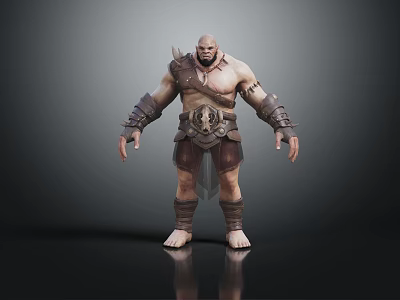 Muscular Bald Warrior With Bare Chest Leather Shoulder Guards Arm Bracers And Decorative Belt 3d model