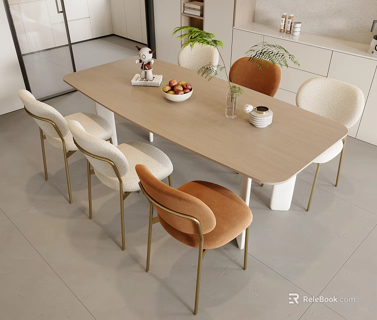 Modern Dining Table Set With White And Orange Chairs And Tabletop Decorations 3d model