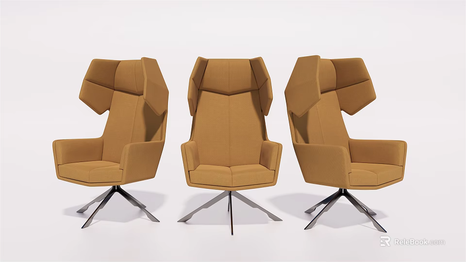 Three Stylish Brown Modern Office Chairs With Geometric Backrest Armrests And Metal Base 3d model 