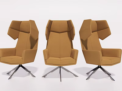 Three Stylish Brown Modern Office Chairs With Geometric Backrest Armrests And Metal Base 3d model