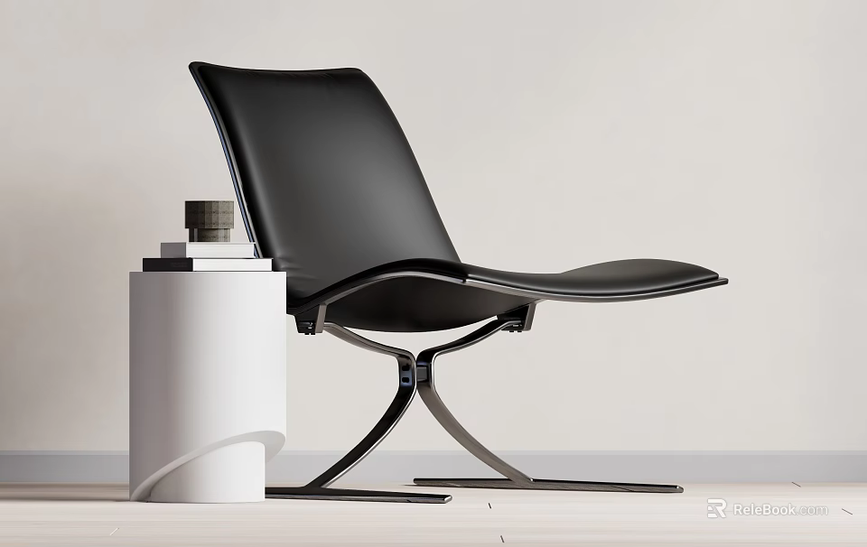 Modern Black Leather Accent Chair With Metal Frame And White Cylindrical Side Table 3d model 
