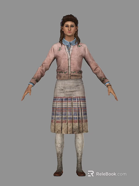 Woman Wearing Pink Cardigan Blue Collared Shirt Plaid Pleated Skirt And White Stockings 3d model 