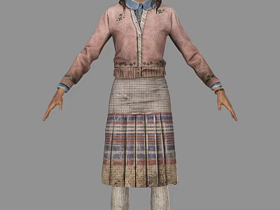 Woman Wearing Pink Cardigan Blue Collared Shirt Plaid Pleated Skirt And White Stockings 3d model