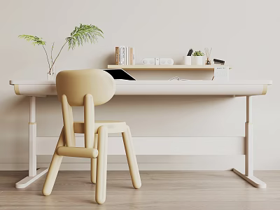 Minimalist Modern Light Wood Desk With Beige Chair Books And Small Potted Plant 3d model