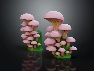 Multiple Pink Mushroom Vegetable Decorative Models With Green Base And Dark Background Reflections 3d model