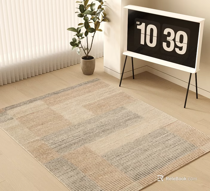 Square Rug With Neutral Tones Geometric Pattern On Wooden Floor Near Potted Plant Clock 3d model 