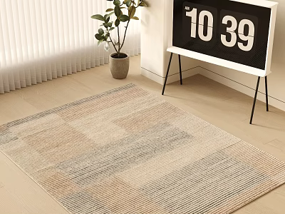 Square Rug With Neutral Tones Geometric Pattern On Wooden Floor Near Potted Plant Clock 3d model
