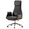 Modern Ergonomic Black Leather Office Chair With Wooden Armrests And Metal Swivel Base