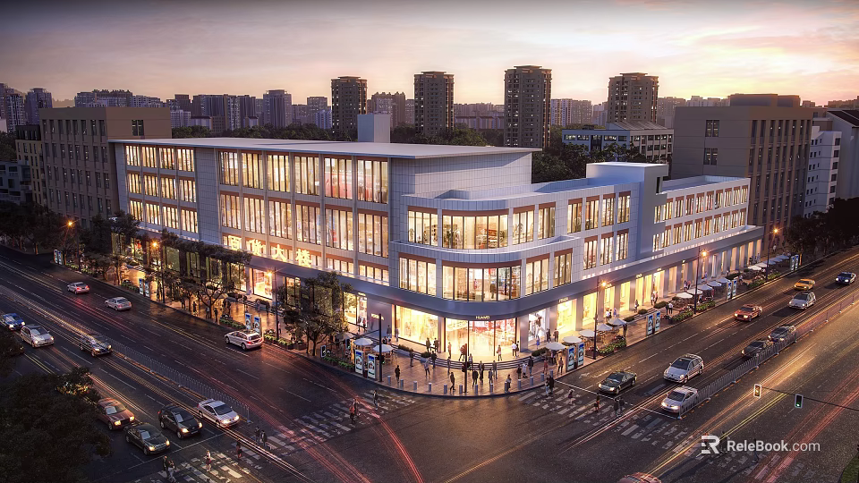Modern Commercial Complex Glass Facade With Evening Lighting Pedestrians Cars And Shops On Street 3d model 
