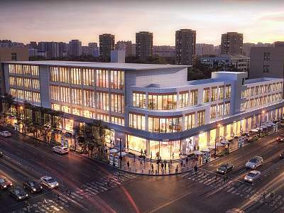 Modern Commercial Complex Glass Facade With Evening Lighting Pedestrians Cars And Shops On Street 3d model