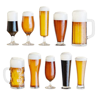 Various Styles of Beer Glasses with Different Colored Beer and Foamy Tops Displayed 3d model