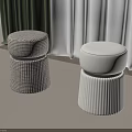 Modern Woven and Ribbed Stools in Room With Green White Curtains and Beige Carpet