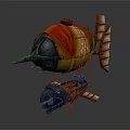 Flying Steampunk Carriage With Red Covering Balloon Front Cannon And Side Wings