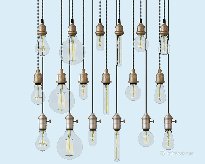 Vintage Industrial Multiple Pendant Lights With Metal Bases And Glass Bulbs Hanging Design 3d model 