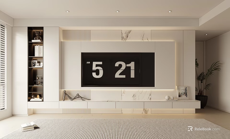 Modern TV Wall Design With Marble Panels Storage Cabinets And LED Lighting 3d model 