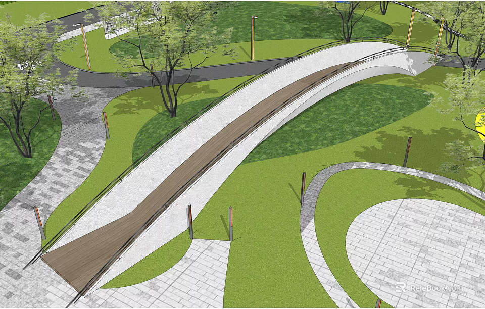 Scenic Curved Bridge In Park With Green Grass Trees Wooden Deck And Pathways 3d model 