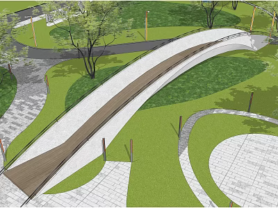 Scenic Curved Bridge In Park With Green Grass Trees Wooden Deck And Pathways 3d model