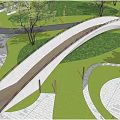 Scenic Curved Bridge In Park With Green Grass Trees Wooden Deck And Pathways