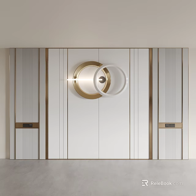 Modern Sofa Backdrop Wall Design With White Gold Accents Circular Light And Vertical Stripes 3d model 