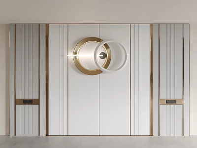 Modern Sofa Backdrop Wall Design With White Gold Accents Circular Light And Vertical Stripes 3d model