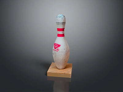 Vintage Bowling Pin With Red White Stripes And Logo On Wooden Base 3d model