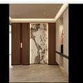 Modern Foyer Hallway Interior Design With Marble Accent Wall Wooden Paneling And Recessed Lighting