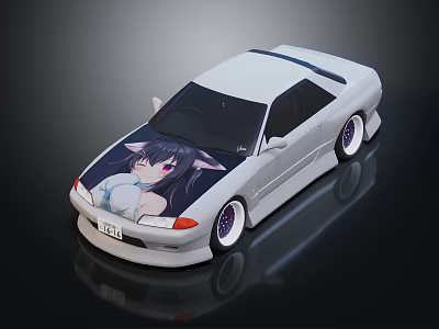 White Modified Car With Anime Girl Graphic On Body And Purple Wheels 3d model