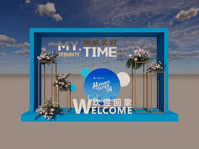MY TIME Welcome Home Event With Blue Frame And Flower Decorations 3d model