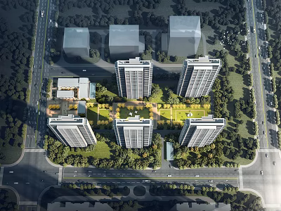 Aerial View Planning of Residential Community With High Rise Buildings and Green Areas 3d model