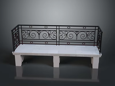 Iron Railing Bench With Decorative Scrollwork White Stone Seat And Sturdy Legs 3d model