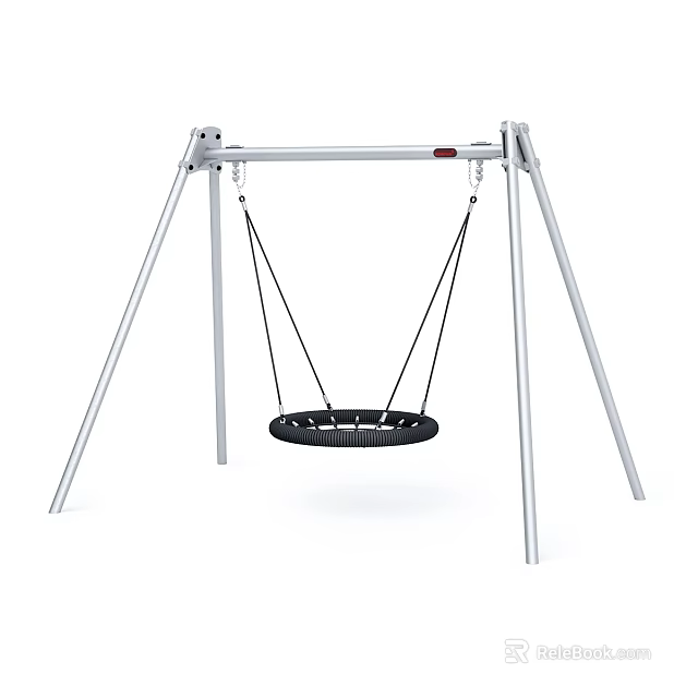 Outdoor Garden Hanging Swing With Silver Metal Frame And Black Round Seat 3d model 