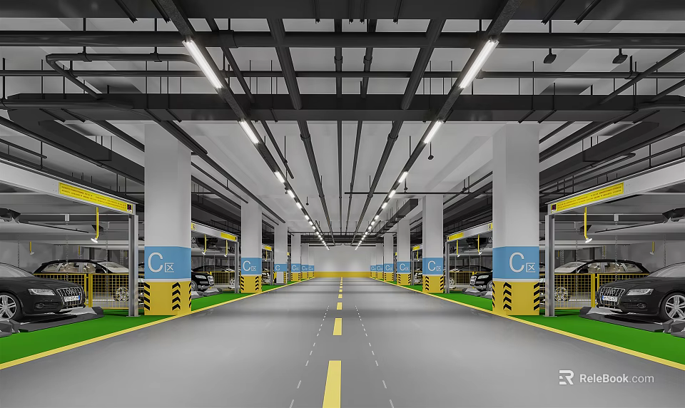 Modern Spacious Parking Lot With Well Lit Ceiling Columns Yellow Floor Lines And Green Edges 3d model 